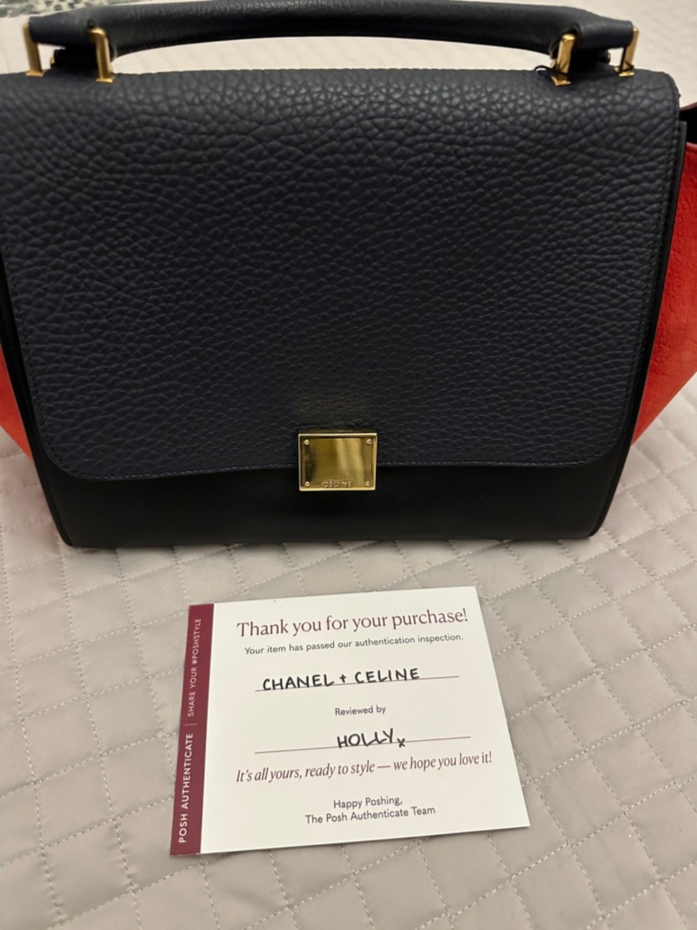 Celine Tricolor Trapeze Satchel in Black, Navy & Red /Size Small - Picture 10 of 15